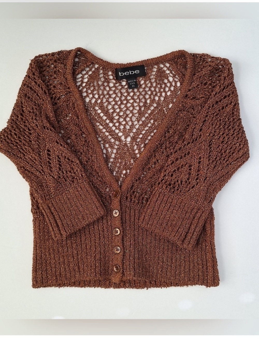 Bebe Vintage Crochet Knit Cardigan 3/4 Sleeve Bronze Metallic Sheer Mesh Fishnet